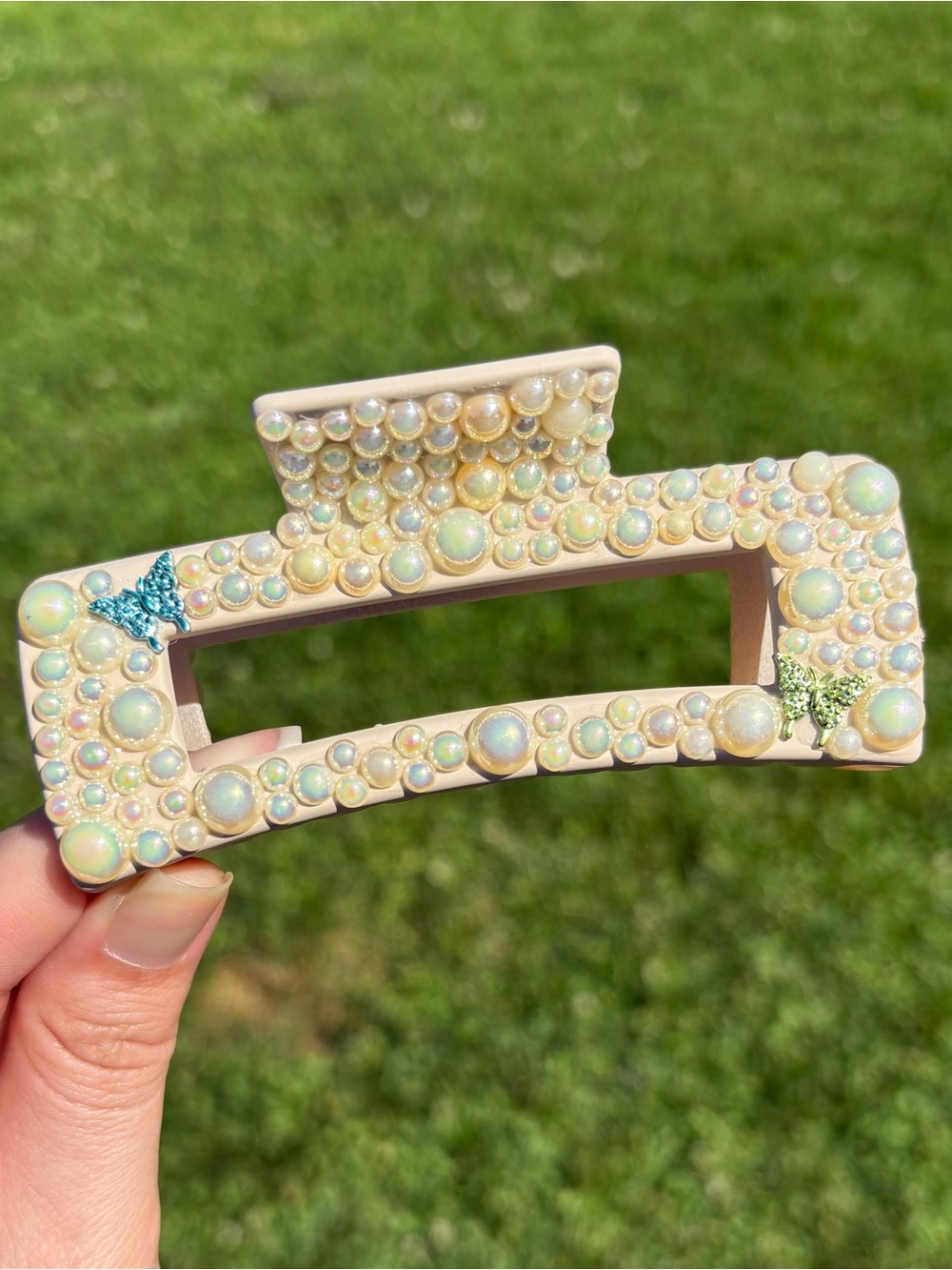 Handmade Cream Pearl Embellished Claw Clip with Butterfly Accents